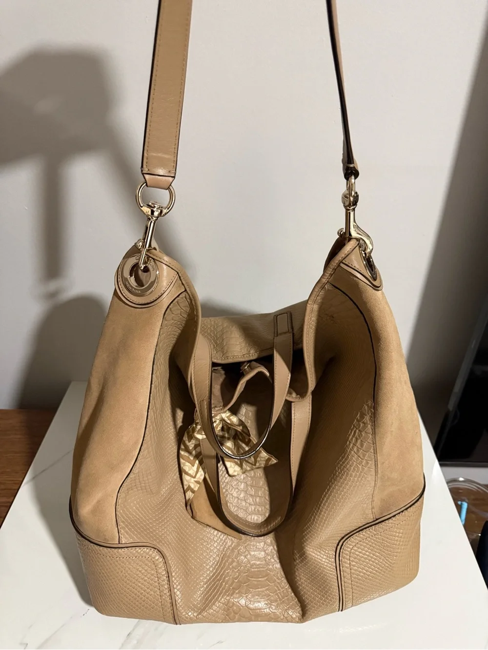 Coach Hadley Neutral Tote Bag with Scarf Accent